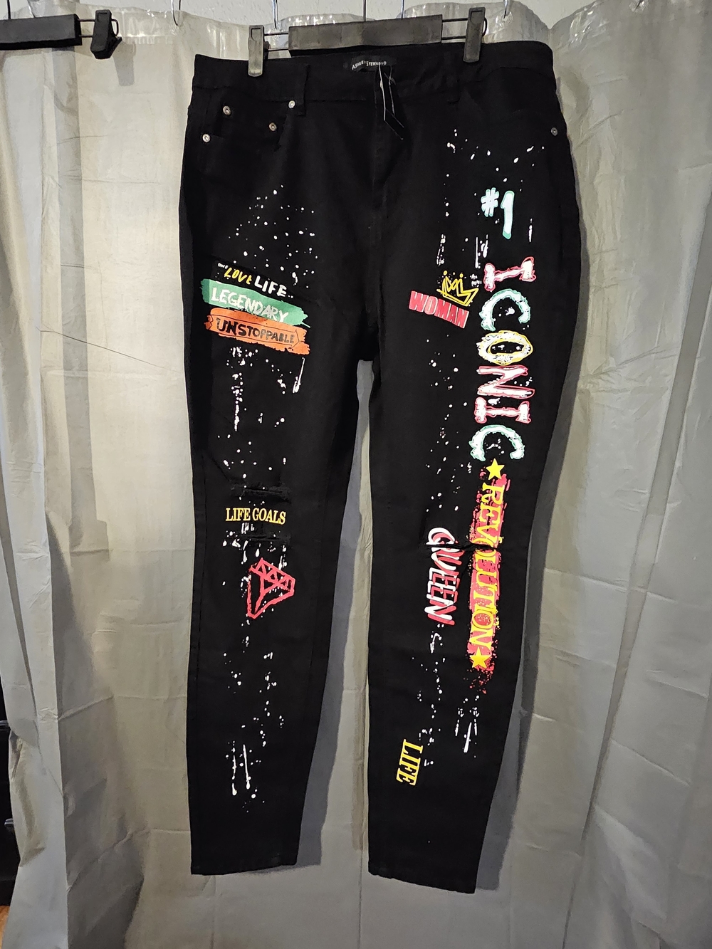 Ashley Stewart Black Skinny Jeans with Multicolor Graphic Accents